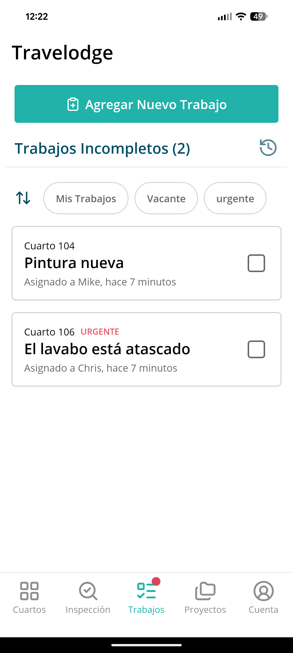 Maintenance task list in Spanish