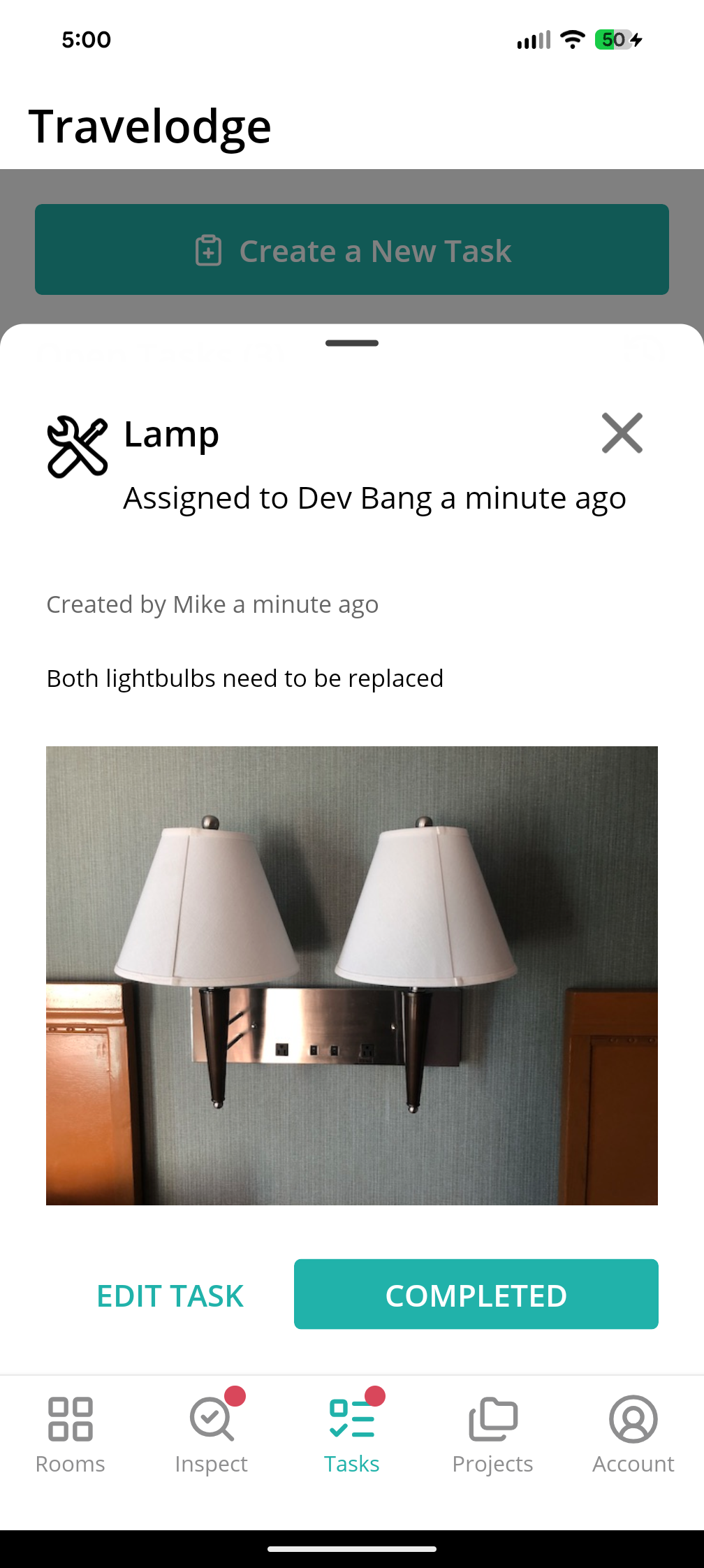 Lamp repair task shown in English